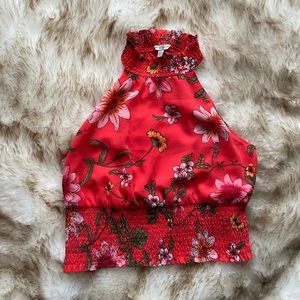 Guess Smocked Floral High Neck Crop Top